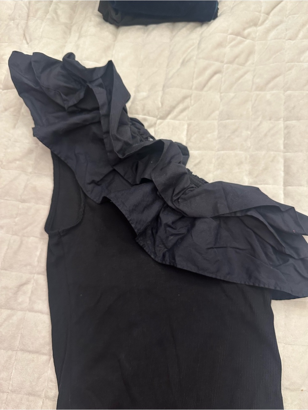 Express Black One-Shoulder Poplin Ruffle Ribbed Bodysuit S - Picture 7 of 8